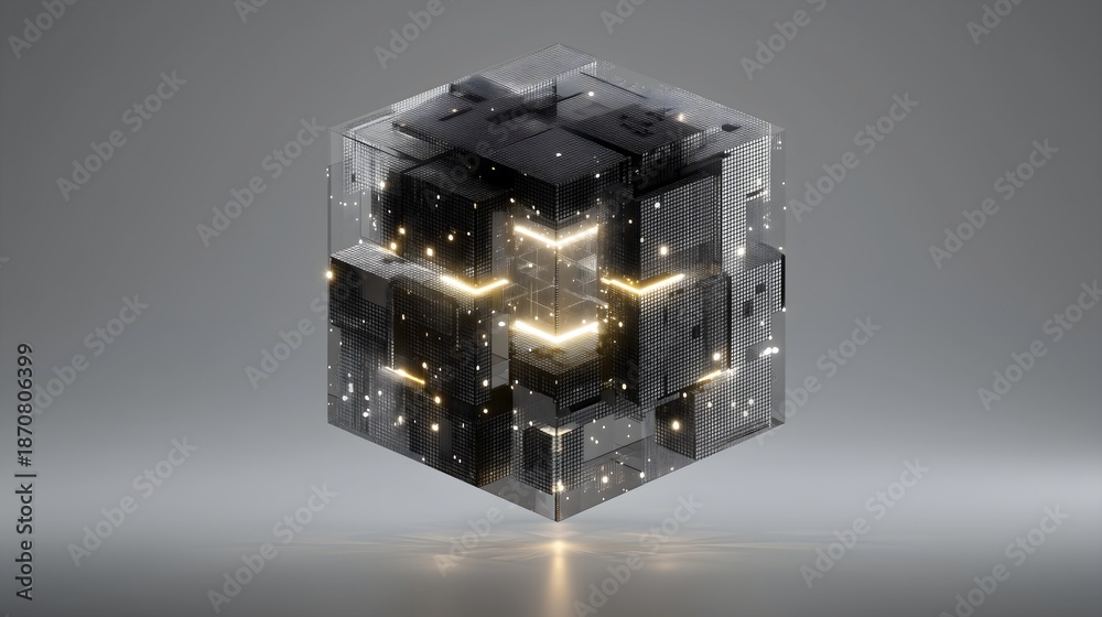 Fototapeta premium Dark Golden AI Data Cube with Glowing Core Futuristic Technology and Digital Intelligence Concept
