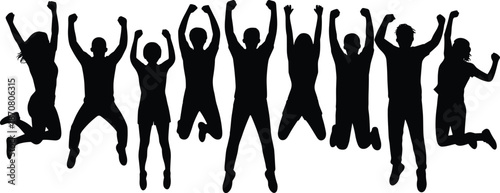 Silhouettes of people jumping with arms raised in celebration on a white background