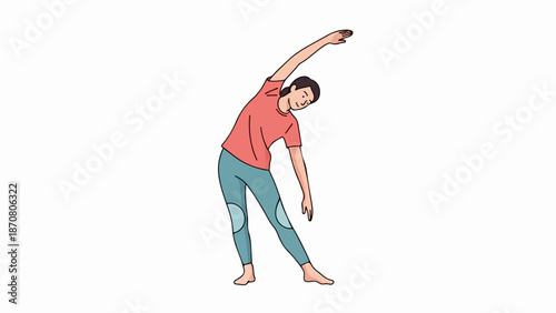 Woman in pink t-shirt and blue leggings doing a stretching exercise in a minimalist studio