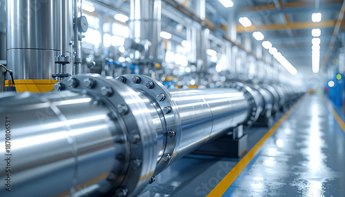 Shiny industrial steel pipes inside a factory