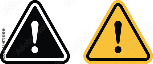 Warning sign exclamation mark vector set, yellow and black caution triangle icons, safety alert and notification symbols