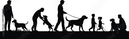 Silhouettes of people walking and interacting with dogs in a park setting