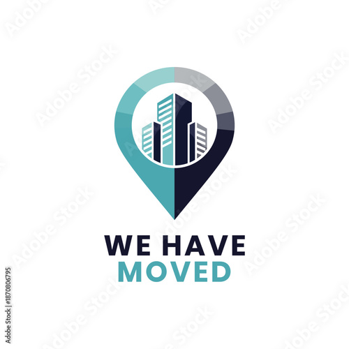Business Move Announcement Badge with Abstract Location Pin and Skyscraper Icons, Editable ESP Vector, Clean Professional Flat Design in Blue and Silver Gradient