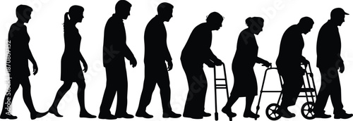 Silhouettes of people walking with varying degrees of mobility including using walkers and canes elderly