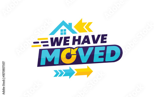 Business Relocation Announcement Badge with Abstract House Icon, “We Have Moved” Flat Vector Design with Purple, Blue, and Yellow Colors
