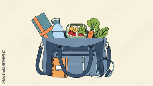 Open crossbody bag with everyday essentials including water bottle, notebook, headphones, and fresh produce