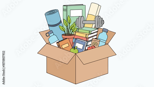 Open cardboard box with everyday items including books, dumbbells, and a potted plant