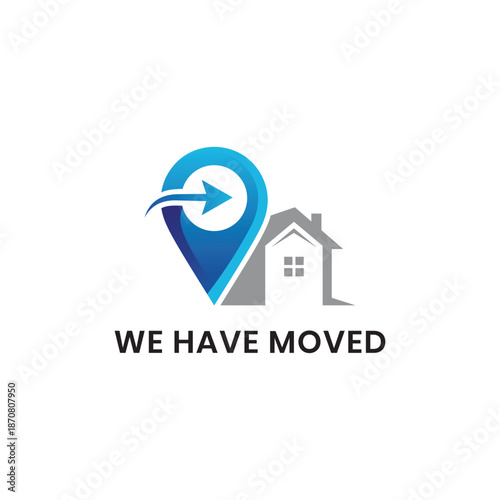Business Move Announcement Badge with Abstract Location Pin and Home Icons, Editable ESP Vector, Clean Professional Flat Design in Sky Blue and Gray