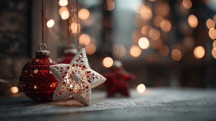 Magical Christmas arrangement with glowing star, bauble, and fairy lights
