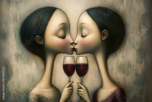 Artistic Illustration of two women kissing and toasting with wine glasses. Valentine's Day.