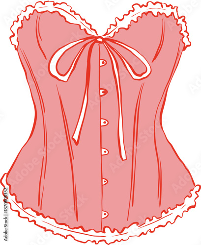 Pink corset lingerie with lace and bow, feminine vintage underwear illustration, romantic fashion design isolated on white
