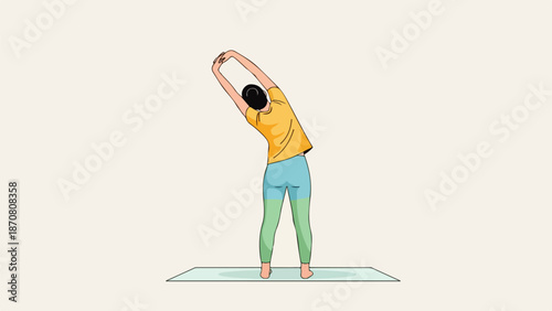 Woman demonstrating forward fold yoga pose on light blue mat with arms extended overhead