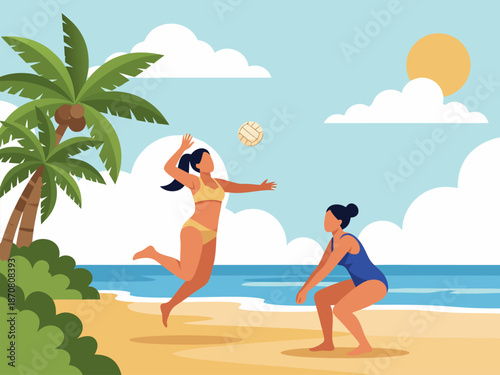 Beach Volleyball Action A Vibrant Vector Illustration of a Summer Game on a Tropical Shoreline