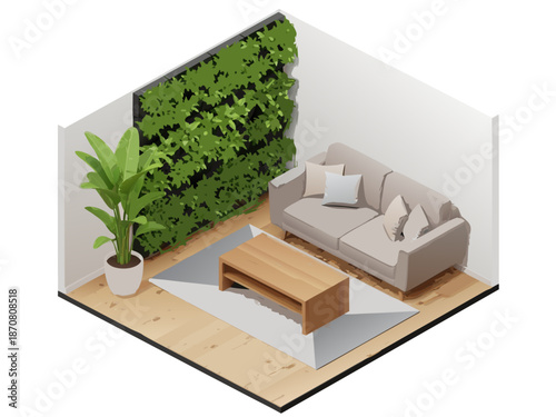 Isometric living room vector illustration featuring a sofa, coffee table, and lush green wall garden