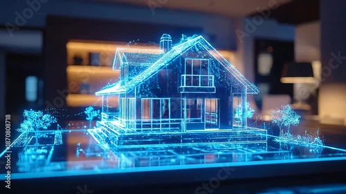 Futuristic house design concept with glowing blue lines, showcasing modern architecture and technology.