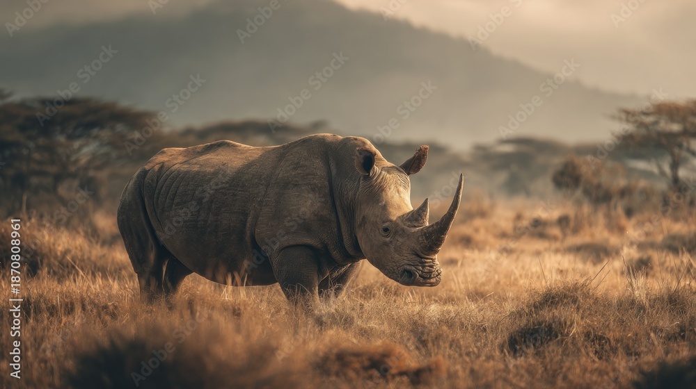 Fototapeta premium Majestic rhinoceros standing tall in the vast African savanna landscape