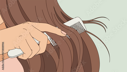 Close-up of a female's hands combing rich, wavy brown hair with a wide-toothed comb