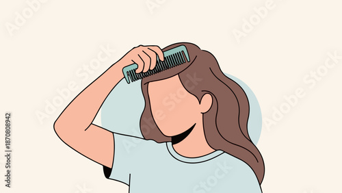 Minimalist illustration of a person with long brown hair being combed with a green comb