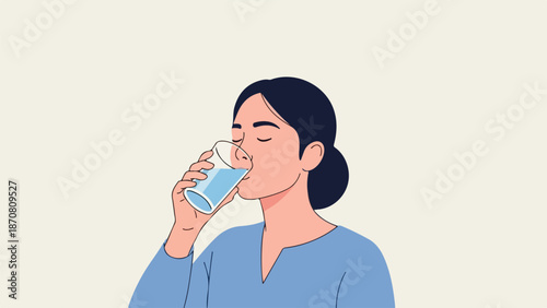 Stylized portrait illustration of a woman with dark hair sipping from a transparent glass of light blue liquid