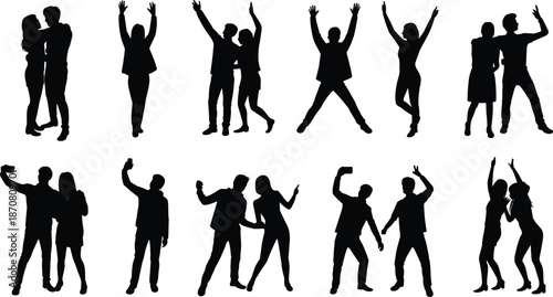 Silhouettes of joyful people dancing, celebrating, embracing, taking selfies, expressing happiness, social interaction, body language, human connection