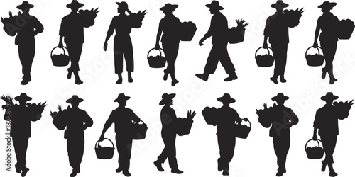 Silhouettes of farmers carrying baskets, produce, vegetables, fruits, black figures, motion, agriculture, market, harvest, rural lifestyle, labor, hats