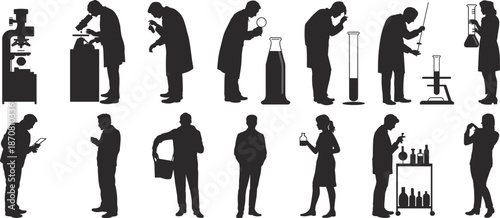 Scientist silhouettes, laboratory professionals, microscope, glassware, magnifying glass, tablet, briefcase, experiment, research, analysis, science, equipment, teamwork