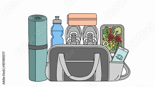 Collection of fitness and wellness essentials including yoga mat, water bottle, gym bag, shoes, salad, and smartphone