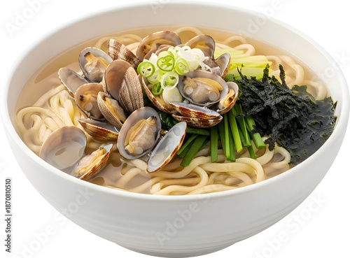 Korean Bajirak Kalguksu (바지락 칼국수) Clam Noodle Soup in White Bowl