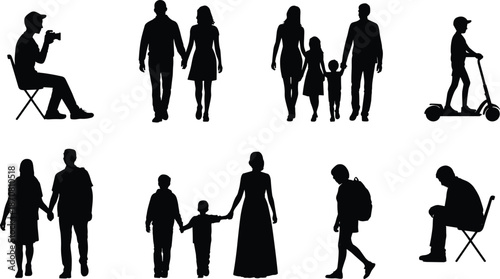 People silhouettes set showing families, couples, children activities, isolated black human figures walking, sitting lifestyle vector illustration design