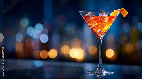 Elegant cosmopolitan cocktail in martini glass on reflective surface, ice cubes catching light, orange twist garnish, refractive patterns through liquid, dark moody background with bokeh lights