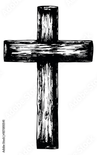Hand drawn line art illustration of a wooden cross depicting a symbol of christianity and faith for religious designs