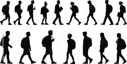 Student silhouette collection, walking students with backpacks and books, education people poses, black isolated vector illustration set
