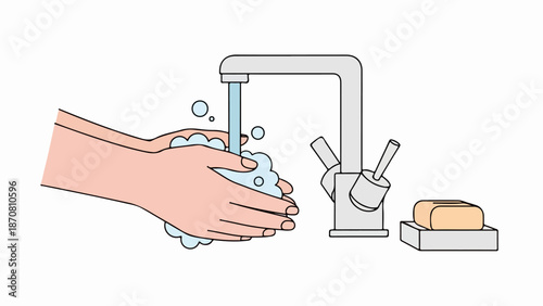Line-art illustration of handwashing with soap suds under a faucet