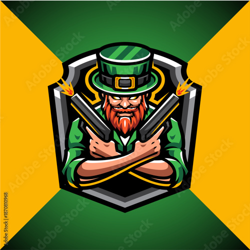 Angry Leprechaun Mascot Logo with Dual Handguns and Green Top Hat - Fierce Irish Warrior Character for Esports, Gaming, and Sports Team Branding