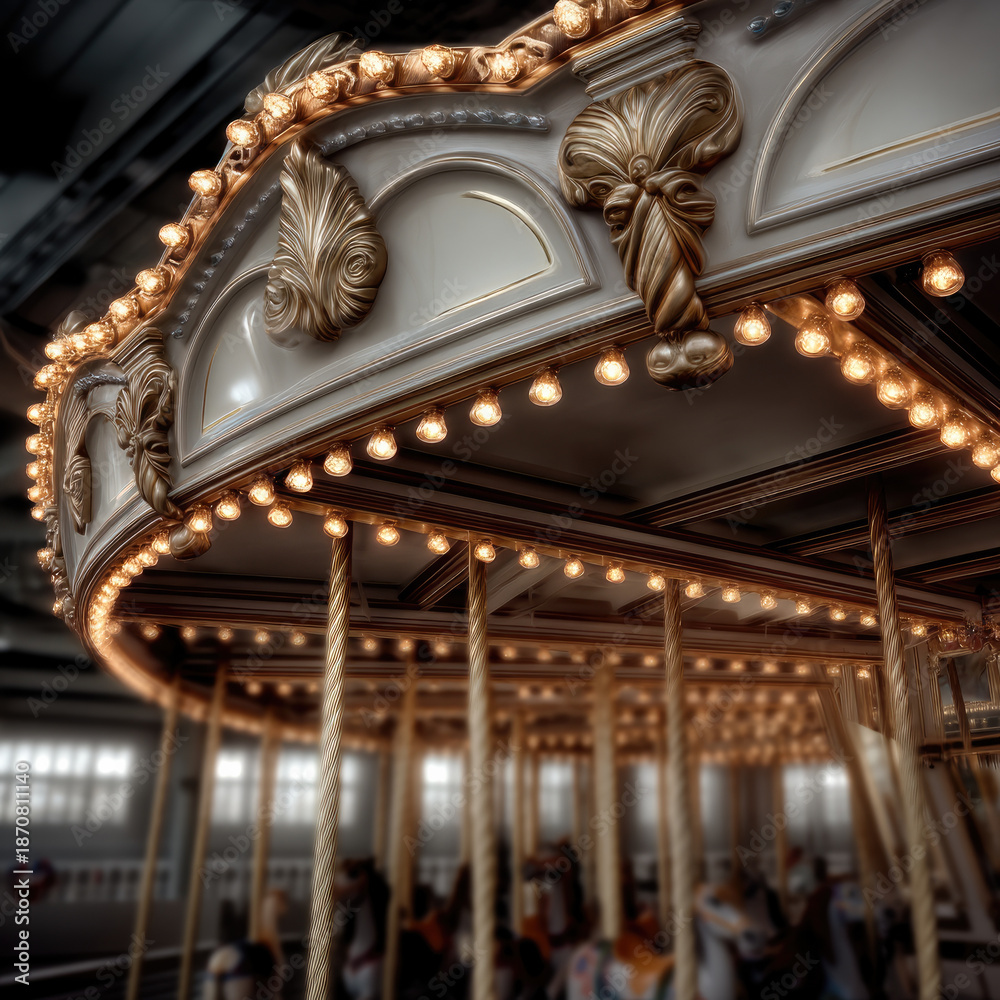 Obraz premium Carousel amusement park lights ornate gold vintage indoor festive joyful entertainment. Elegant carousel with gold details and glowing lights
