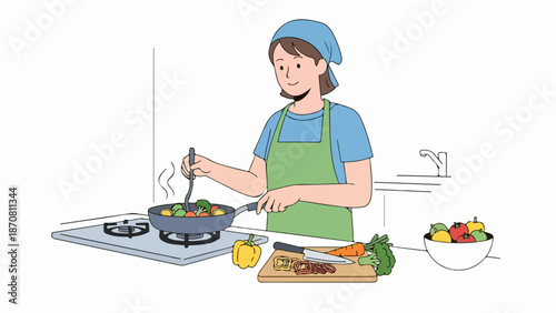 Woman cooking vegetables in a homey kitchen with fresh produce