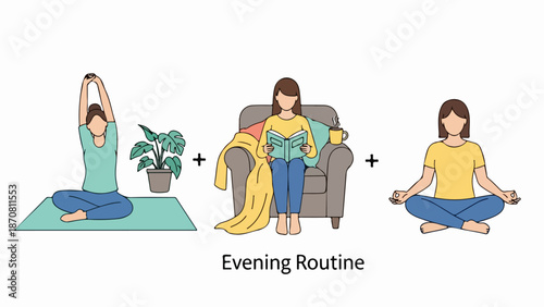 Illustration of a woman's evening routine with yoga, reading, and meditation
