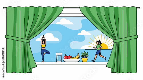 Vibrant window scene with women practicing yoga and running, featuring a glass of water, fresh fruit, and a potted plant