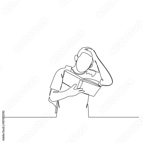 Man reading book with hand on head in contemplation.