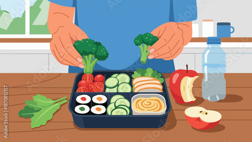 Person in blue shirt preparing a nutritious bento box with fresh ingredients in a bright kitchen