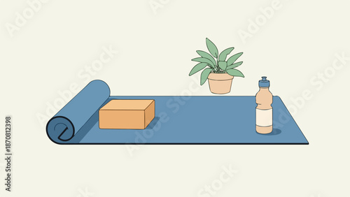Fitness setup with blue yoga mat, orange yoga block, blue water bottle, and potted green plant on minimalist background