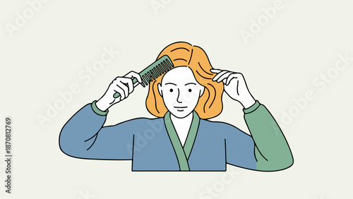 Woman with vibrant orange hair combing her hair with a black comb