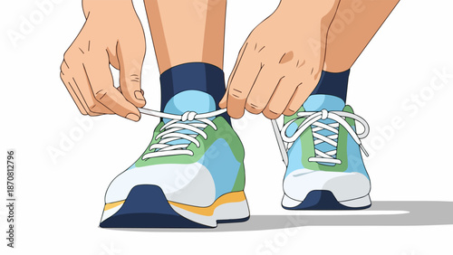 Person tying laces on a multicolored sneaker with blue and green panels