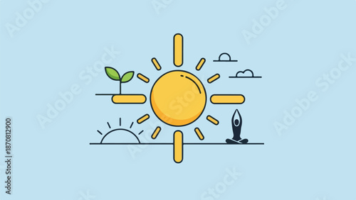 Vibrant illustration of a radiant sun with orange rays, a green plant, a meditating figure, and crescent moons