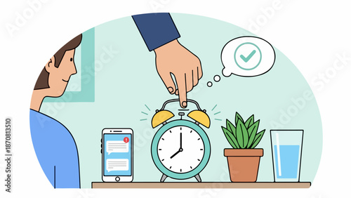 Man in blue shirt reaching for alarm clock on nightstand with smartphone, plant, and glass of water