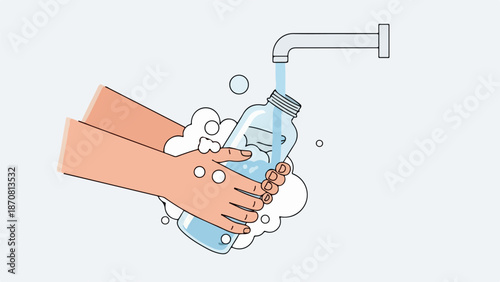 Light peach-toned hands washing under a sleek metallic faucet with clear water and white soap suds