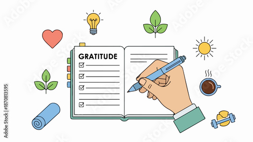 Illustration of gratitude with open book, hand writing, and symbols of love, ideas, nature, warmth, comfort, fitness, and outdoor adventures