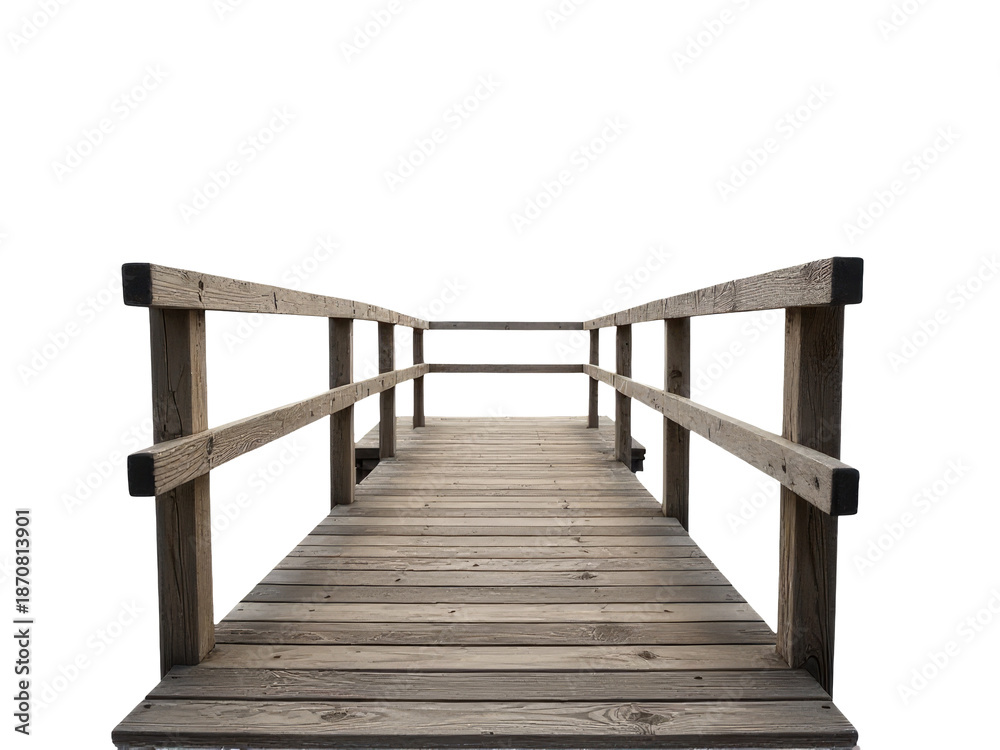 Fototapeta premium A wooden bridge spans a calm body of water, perfect for peaceful scenery or tranquil landscape photography