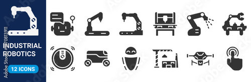 industrial robotics and automation technology web line icons. engineering interfaces, and smart industry. Editable stroke. Vector illustration