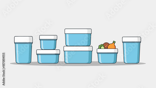 Neatly arranged collection of six blue storage containers with white lids, including cylindrical, square, and rectangular shapes